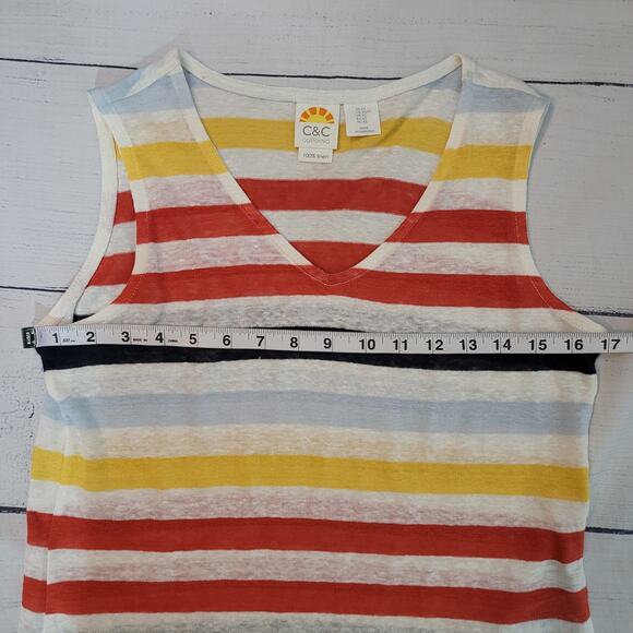 C&C California Size XS 100% Linen Colorful Striped Sleeveless Top Side Buttons - Picture 5 of 8